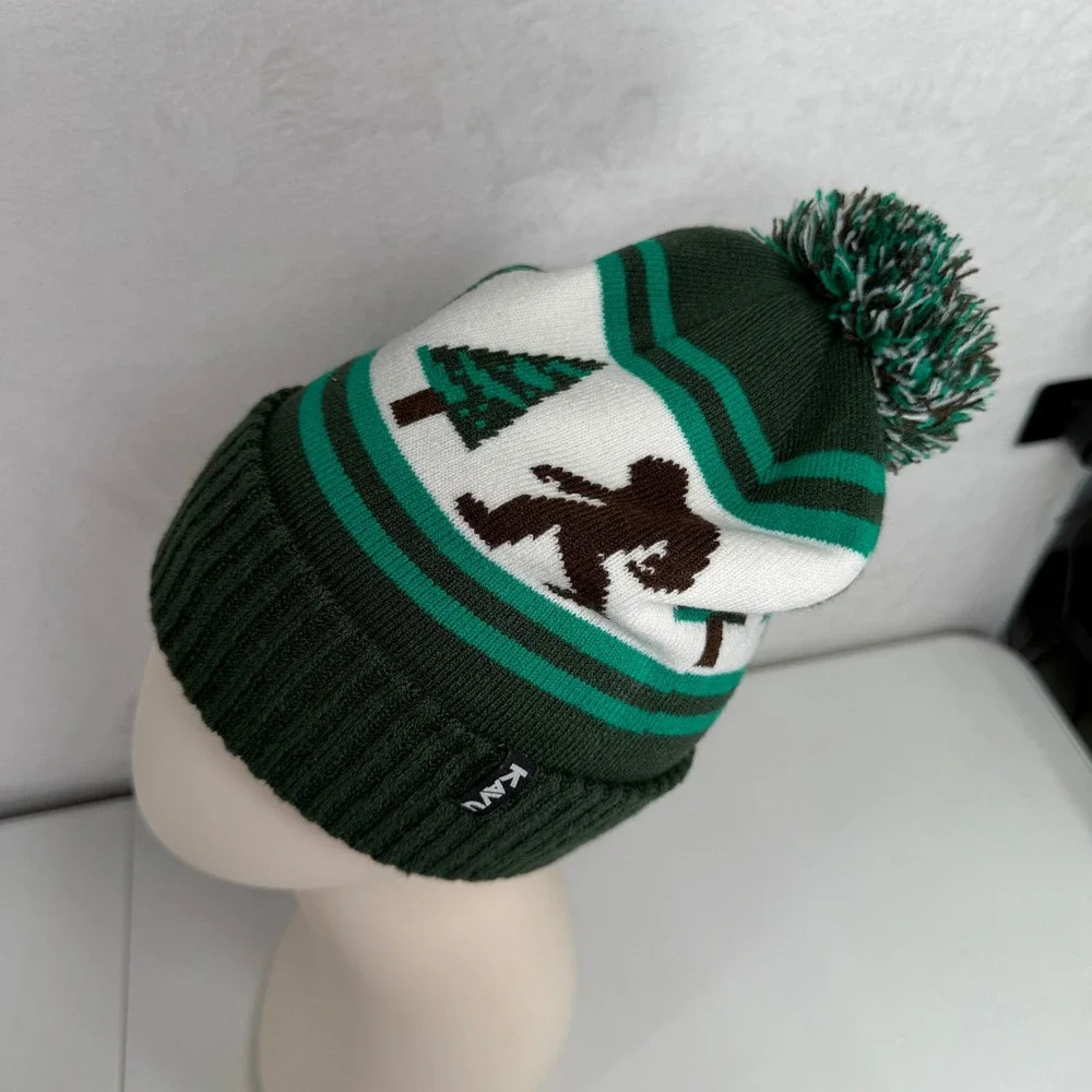 KAVU Beanie Herschel Bigfoot Sasquatch Forest Green Pom Pom Knit Hat Camping